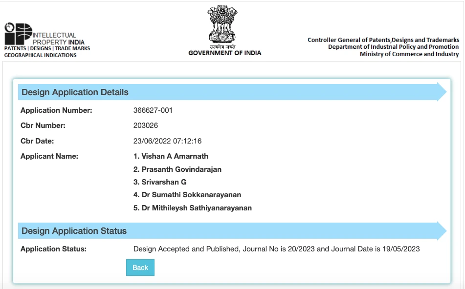 Indian designs register entry for application 366627-001