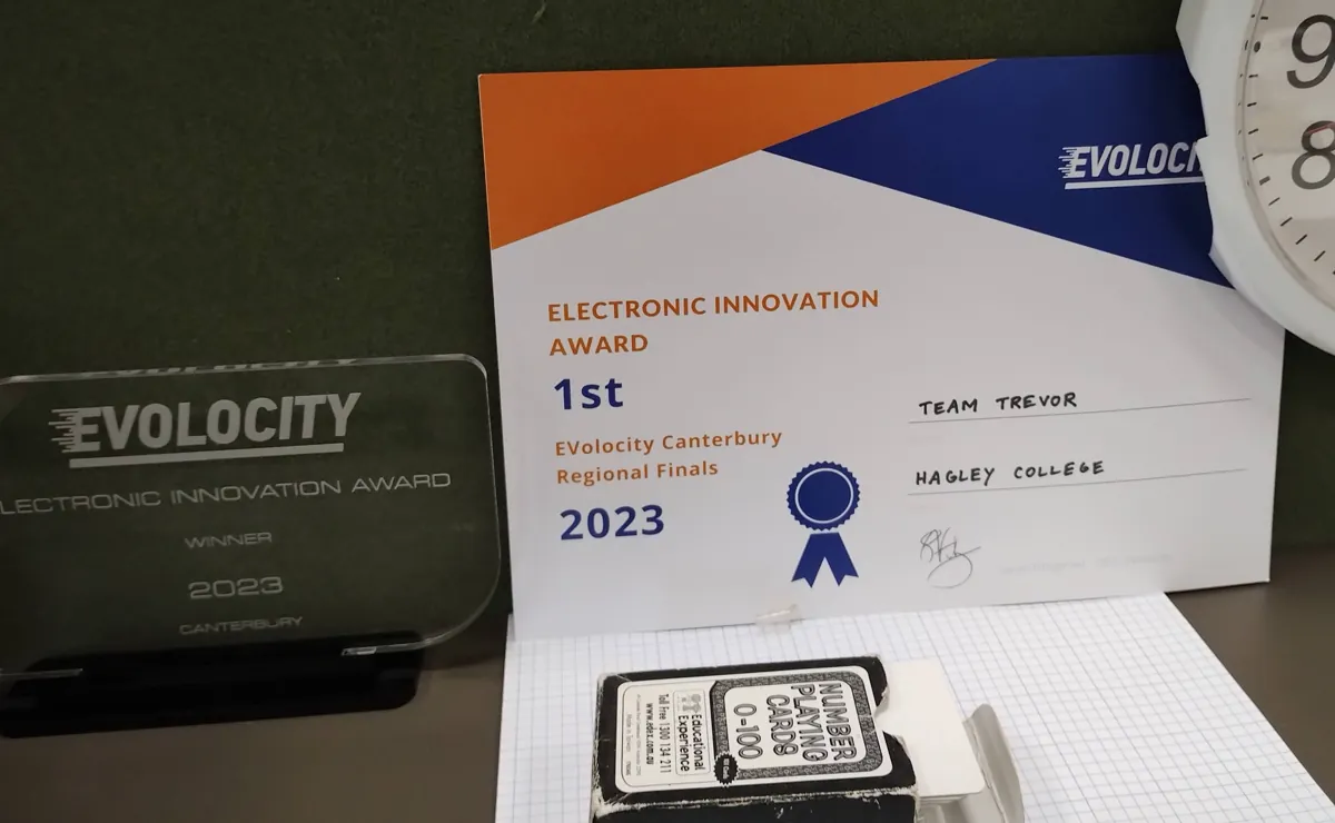 Electronic Innovation Award certificate, 1st, next to the EVolocity trophy