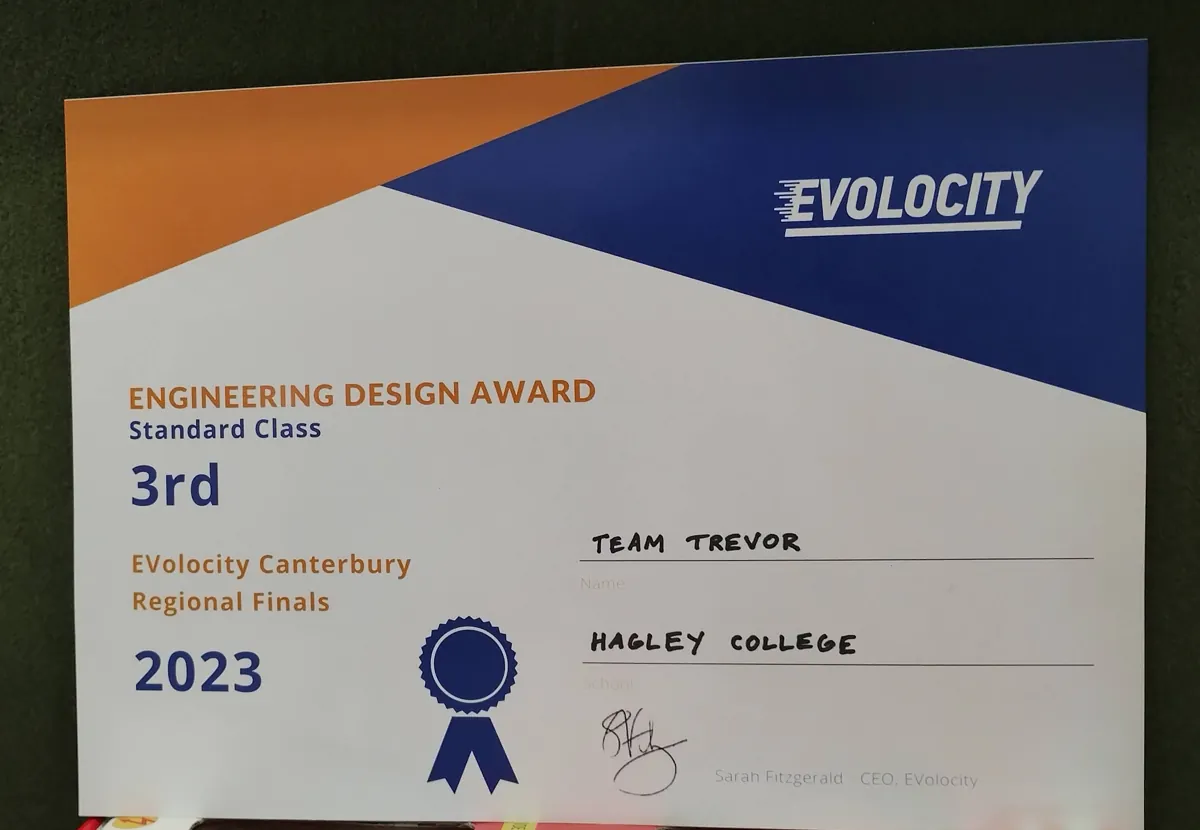 Engineering Design Award certificate, Standard Class, 3rd, Team Trevor, Hagley College