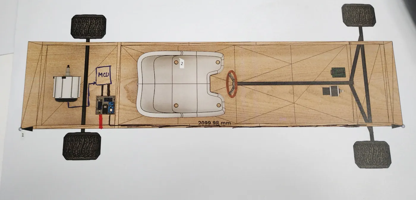 Hand-drawn side elevation of the new chassis with dimensions