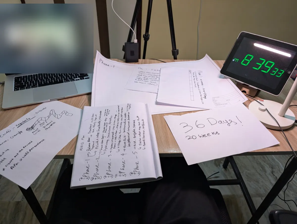 A desk covered in handwritten plans for ROBIQ’s first course: five phases in a notebook, a Phase 1 day plan, and a sheet that reads 36 days, 20 weeks, next to a clock showing 8:39 pm
