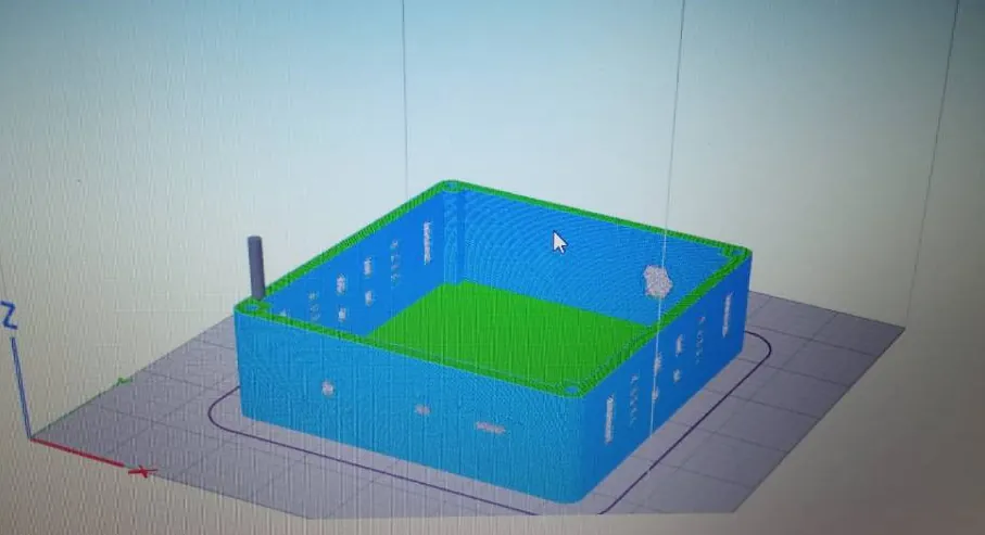 Slicer preview of the box, showing the side cutouts and mounting posts