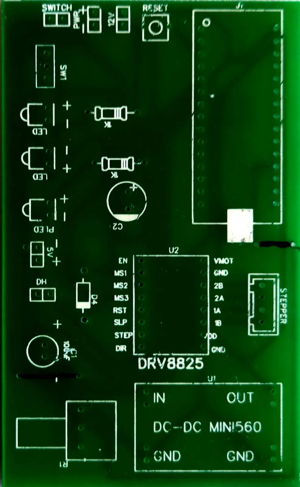 The board’s silkscreen: Arduino Nano footprint, DRV8825, DC-DC MINI560, 12 V input, stepper header, LEDs and reset